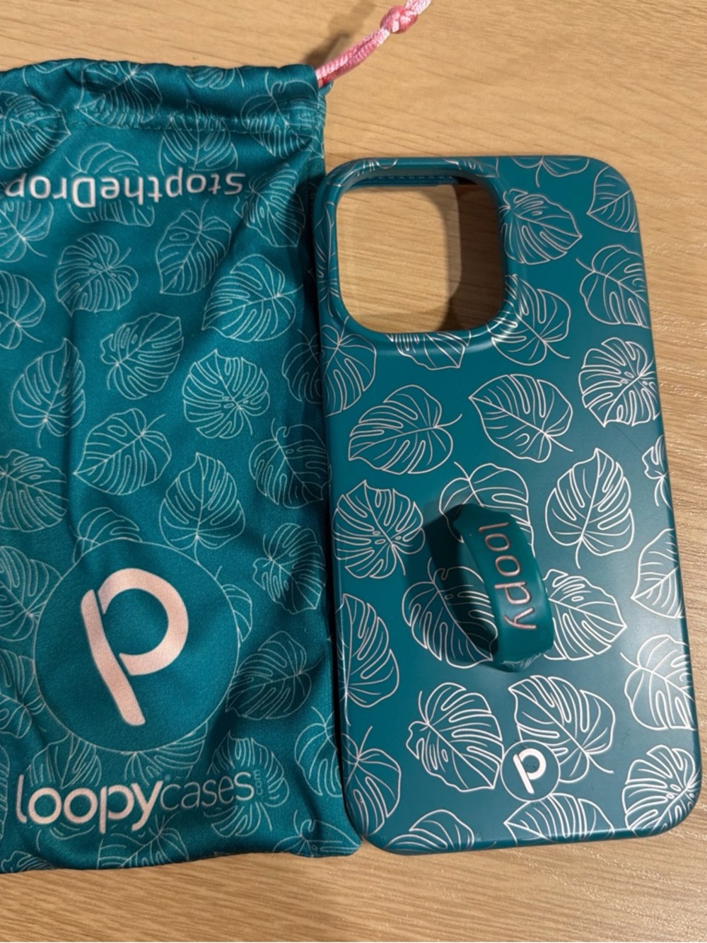 14 pro max righty Loopy Case Teal Tropical Leaf Phone Case with Matching Pouch